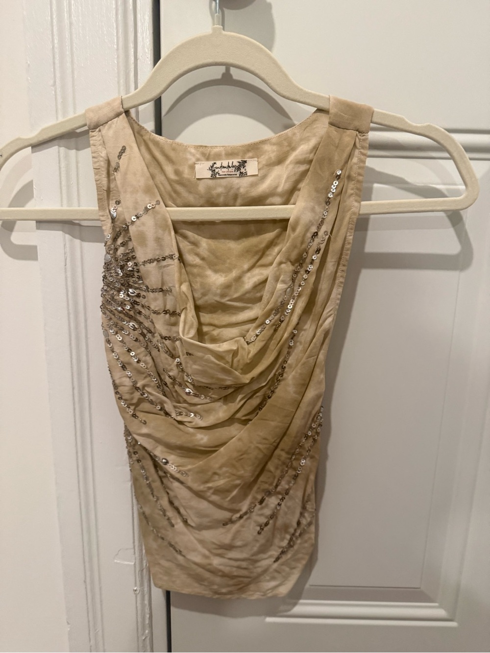 Free People Beige Sequin Draped Crop Top